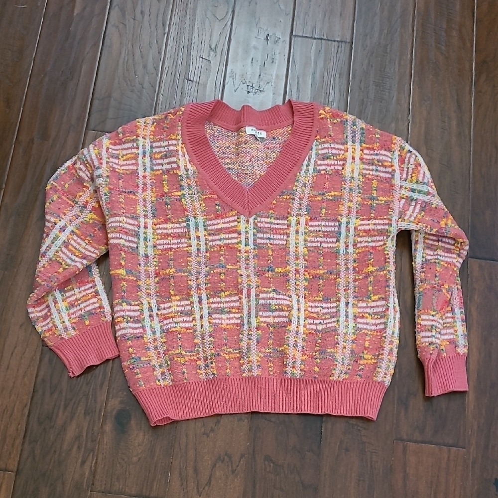 ANDREE BY UNIT Pink Multicolor Plaid V-neck Knit Sweater size Medium